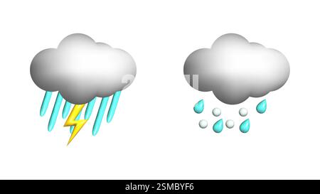 Weather 3d icons realistic isolated vector set. Thunderstorm downpour hail. Design weather app web site game logo banner. Meteorology concept. Stock Vector