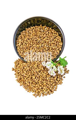 Buckwheat in a brown bowl with buckwheat flower isolated on white background Stock Photo