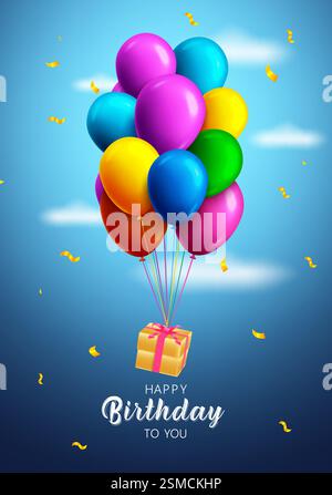 Happy birthday text vector design. Birthday balloons bunch flying and floating surprise elements. Vector illustration balloon elements. Stock Vector