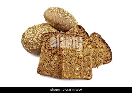 Four slices of rye grain bread, two rye bun with sesame seeds isolated on white background Stock Photo
