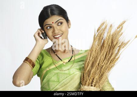 Rich Indian farmer wife holding harvested golden wheat crops and talking on mobile MR#743B Stock Photo