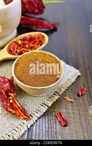 Chili pepper pods on chili powder top view selective focus Stock Photo ...