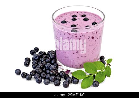 The glass of milkshake and blueberries, berries and green sprig of blueberries isolated on white background Stock Photo