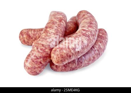 Several pork sausages isolated on white background Stock Photo