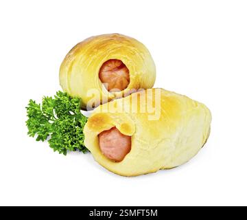 Two sausage rolls, parsley isolated on white background Stock Photo