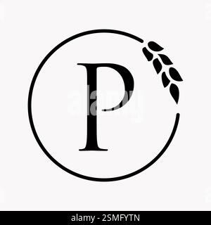 Monogram Letter P Bakery Logo Concept With Grain Wheat Symbol Vector Template Stock Vector