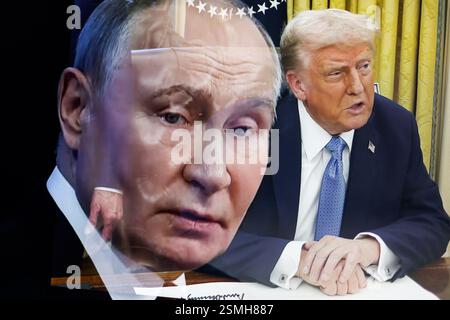 This illustrative image shows Russian President Vladimir Putin (left) and United States President Donald Trump (right). A lengthy telephone conversation took place between Russian President Vladimir Putin and US President Donald Trump. The heads of state discussed issues related to artificial intelligence, the Middle East and energy. The main topic was the issue of a settlement in Ukraine. Donald Trump spoke in favor of an early cessation of hostilities and a peaceful solution to the problem. Vladimir Putin, for his part mentioned the need to eliminate the root causes of the conflict and agree Stock Photo