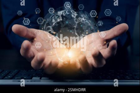 Hand holding virtual Global holography and virtual icon connecting metaverse. Digital technology and big data for analysis. Business connection applic Stock Photo