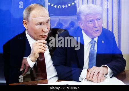This illustrative image shows Russian President Vladimir Putin (left) and United States President Donald Trump (right). A lengthy telephone conversation took place between Russian President Vladimir Putin and US President Donald Trump. The heads of state discussed issues related to artificial intelligence, the Middle East and energy. The main topic was the issue of a settlement in Ukraine. Donald Trump spoke in favor of an early cessation of hostilities and a peaceful solution to the problem. Vladimir Putin, for his part mentioned the need to eliminate the root causes of the conflict and agree Stock Photo