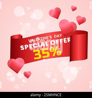 Special red offer banner design, Red ribbon on red background used in product price tag or banners concept. special Valentine Day. Vector illustration Stock Vector