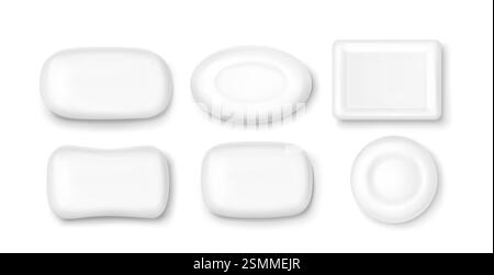 Soap bar 3d collection with different shapes - oval, round, rectangular pieces in white color. Clean bathroom accessories with realistic texture and smooth surfaces for hygiene mockup design. Stock Vector