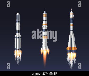 Realistic space rocket set of launching spaceships with burning engines and smoke trails on dark background. Detailed 3d white and orange vessels with metallic textures for aerospace projects. Stock Vector