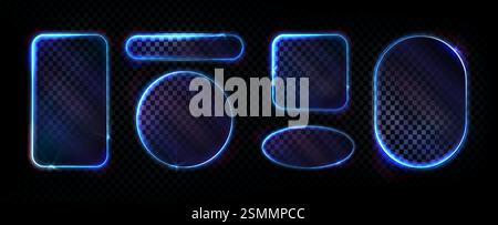 Neon light frames set with glowing blue borders on transparent background. Glass effect geometric shapes - rounded rectangle, circle with luminous edges. Bright frames collection for futuristic design Stock Vector