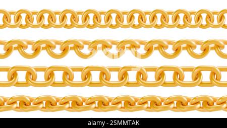 Golden chains collection with different link sizes - shiny metallic jewelry patterns isolated on transparent background. Luxury interconnected elements. Decorative borders for fashion design. Stock Vector