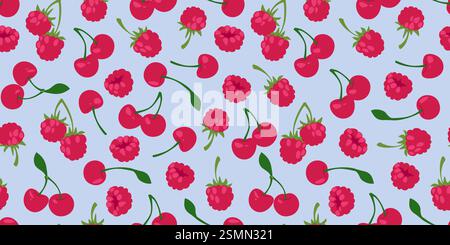 Seamless pattern of ripe cherries with fresh raspberries, green stems and leaves on light blue background. Sweet berries scattered - decorative design for textile, wrapping paper or stationery. Stock Vector