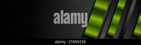 Green and black glossy stripes on dark perforated background. Vector hi-tech geometric banner design Stock Vector