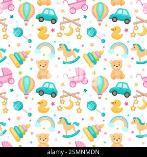 seamless pattern. baby toys, teddy bear, rocking horse, car, duck, balloons, and more. Perfect for baby products, nursery decor, or children's Stock Vector