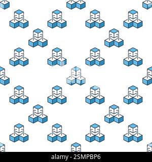 Three Connected Blocks - Blockchain Technology vector concept blue seamless pattern or background Stock Vector