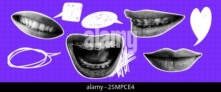 Set of retro halftone mouth and lips with speech bubbles. Dotted pop art style. Modern vector illustration Stock Vector