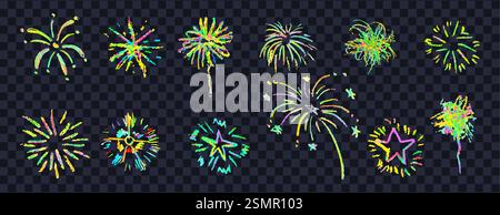 Firework set on black background. Crayon pencil drawing round geometric shapes and swirl. Neon color victory signs collection. Like kid painting hand Stock Vector
