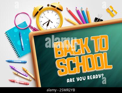 Back to school vector text design. Back to school text with chalk board elements. Vector illustration with colorful educational background. Stock Vector
