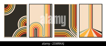 Vintage road stripe line posters, 70s 80s retro funky rainbow shape background. Vector vertical cards featuring bold curved and linear stripes in mute Stock Vector