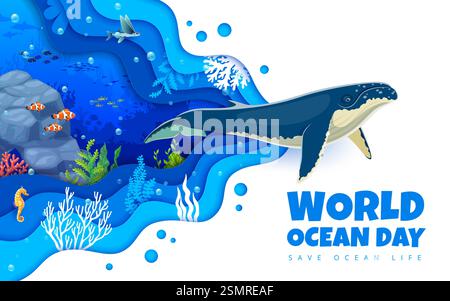 Paper cut save the oceans banner with squid, fish shoal and animals at ...