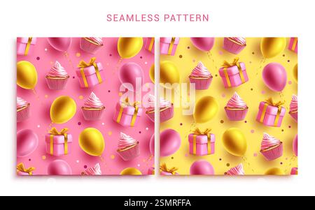 Birthday seamless pattern vector set design. Happy birthday with cupcake, gifts and balloons elements. Vector illustration endless lay out background. Stock Vector