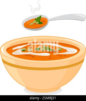 Pumpkin soup. Bowl of hot soup with spoon. Homemade soup with vegetables, cream, pumpkin and pumpkin seeds, coriander leaves. Vector illustration Stock Vector