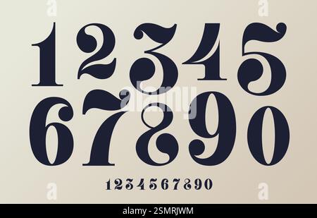 Vintage decorative numbers font from 0 to 9. Vector black numerals with elegant and intricate style, features curve ornate details. Victorian, classic Stock Vector