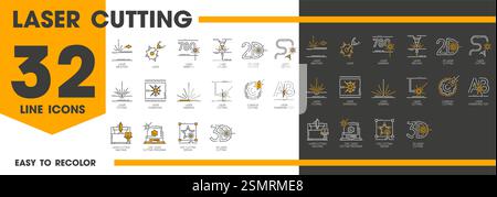 Laser cutting line icons. Vector linear signs of laser engraving, cutting, marking, ablation and drilling, etching or engraving services with programs Stock Vector