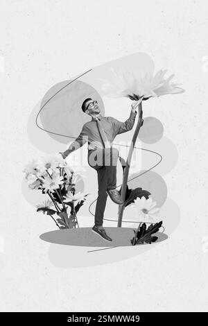 Poster unusual banner collage of small person walk big yellow flowers choose bouquet for girlfriend 14 february holiday Stock Photo