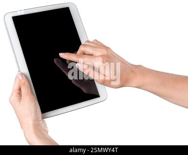 Person interacts with a tablet screen using their fingertip in a bright setting Stock Photo