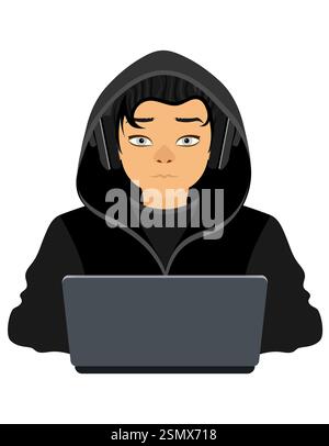 young hacker programmer it specialist coder sitting at a laptop in a sweater with a hood flat style vector illustration isolated on white background Stock Photo