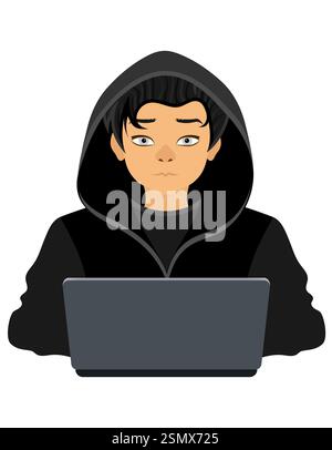 young hacker programmer it specialist coder sitting at a laptop in a sweater with a hood flat style vector illustration isolated on white background Stock Photo