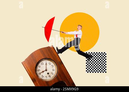 Art 3d sketch photo image collage of shocked guy gentleman hold umbrella stand alarm clock deadline expire limit autumn season Stock Photo
