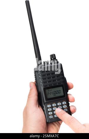 Using Handheld Radio Handheld radio in use during communication at an outdoor event in ...