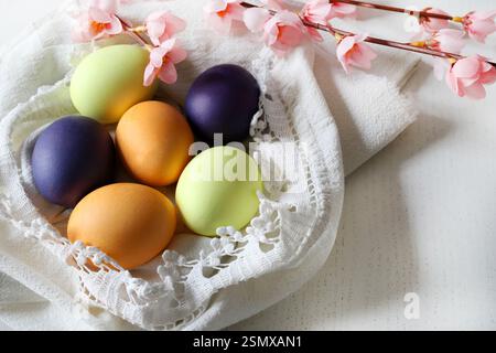 Colorful eggs for Easter isolated on white background. Easter eggs. Easter holiday concept. Copy space. Stock Photo