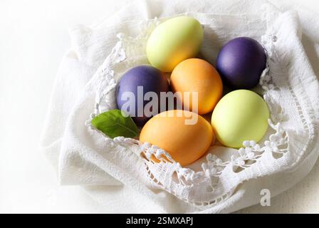 Colorful eggs for Easter isolated on white background. Easter eggs. Easter holiday concept. Copy space. Stock Photo
