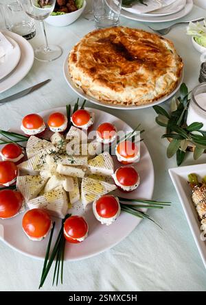 Traditional Easter with appetizer food table for snacks before the big Easter lunch. Easter holiday. Family reunion concept. Stock Photo