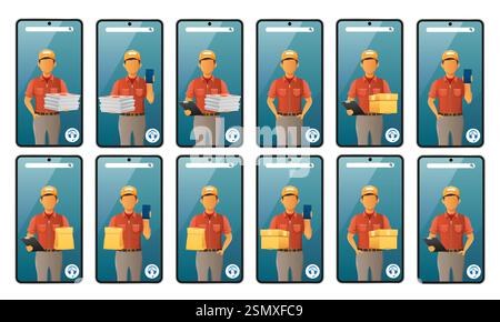 delivery man by phone courier service vector illustration isolated on white background Stock Vector
