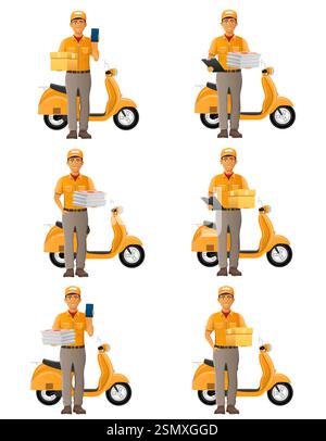 delivery man on scooter courier service vector illustration isolated on white background Stock Vector