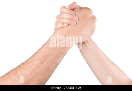 Intense arm wrestling competition between two participants in a neutral space Stock Photo