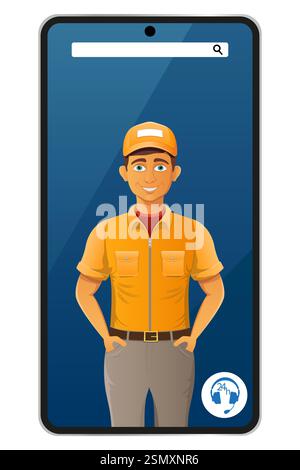 delivery man by phone courier service vector illustration isolated on white background Stock Vector