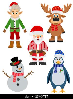 christmas and new year characters holiday symbols flat style vector illustration isolated on white background Stock Vector