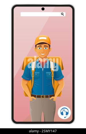 delivery man by phone courier service vector illustration isolated on white background Stock Vector