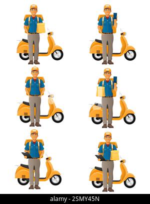 delivery man on scooter courier service vector illustration isolated on white background Stock Vector