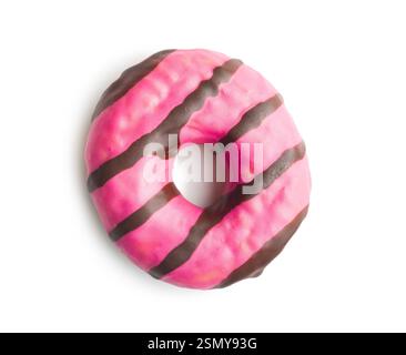 Sweet pink donut with chocolate strips isolated on a white background. Stock Photo