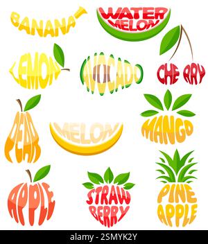 name of a fruits in the form a fruit logo creative and original for your business or company set logotype vector illustration isolated on white backgr Stock Vector