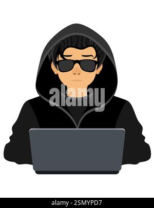young hacker programmer it specialist coder sitting at a laptop in a sweater with a hood flat style vector illustration isolated on white background Stock Vector